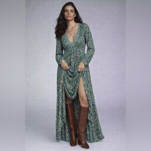 Green fairy floral ruffle maxi dress with side slit 2026